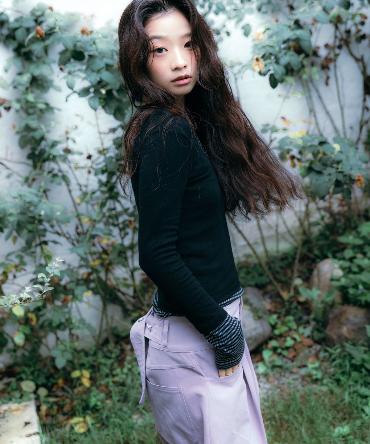 이요우아(IYOWUAH) Back Belt Wide Cotton Pants, Light Purple