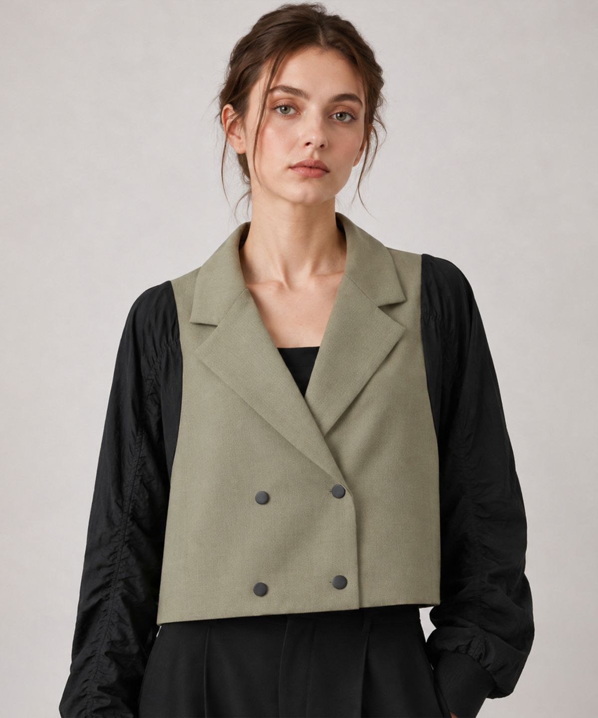 바스카라(VASCARA) Shirring Sleeve Double-Breasted Short Jacket (2colors)