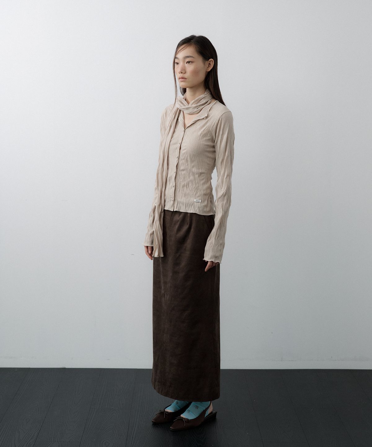 루시르주(LUCIR ZU) Pleated Cardigan Scarf Set (Beige)