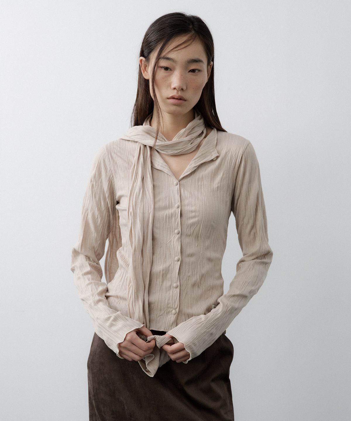 루시르주(LUCIR ZU) Pleated Cardigan Scarf Set (Beige)
