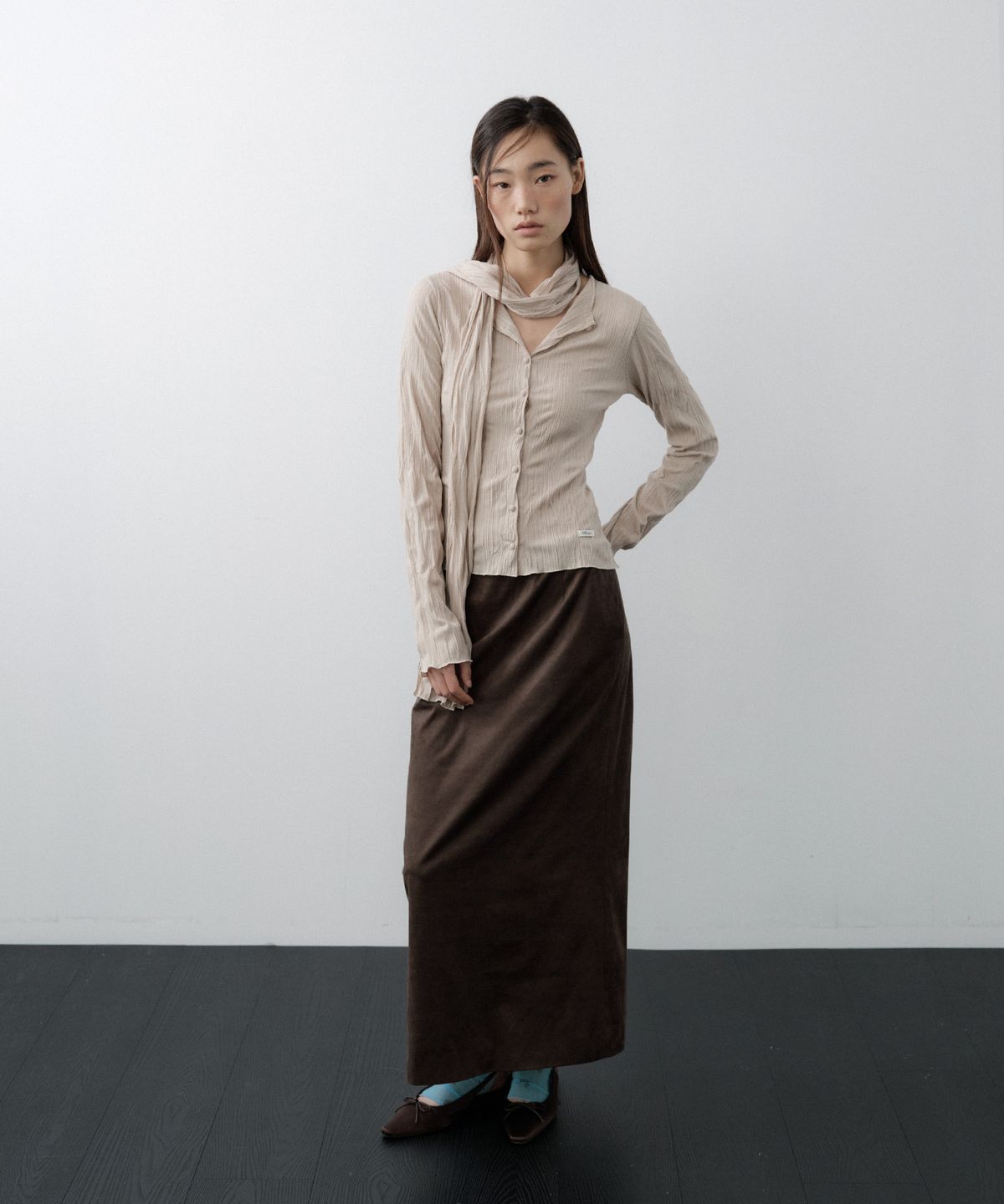 루시르주(LUCIR ZU) Pleated Cardigan Scarf Set (Beige)
