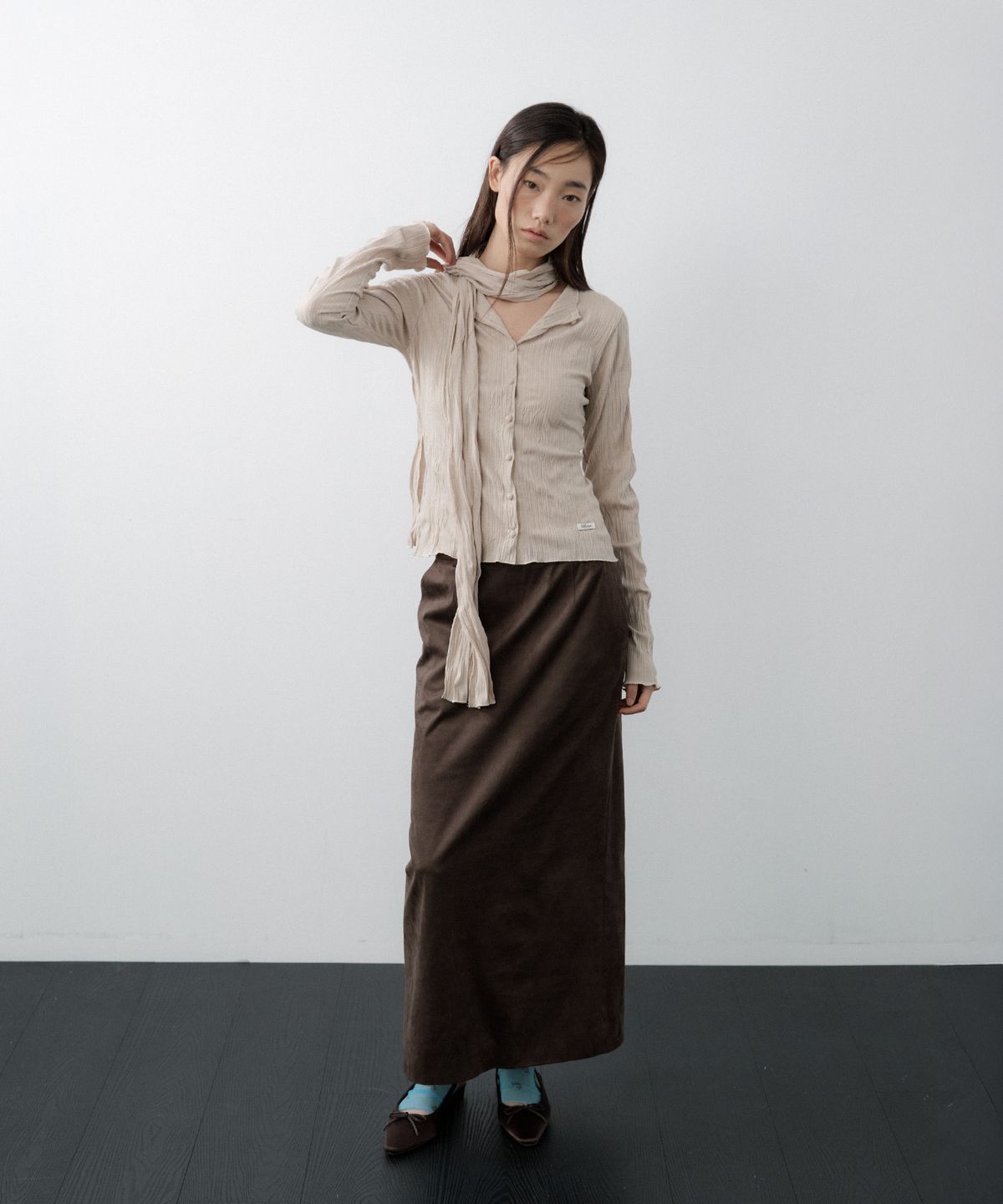 루시르주(LUCIR ZU) Pleated Cardigan Scarf Set (Beige)