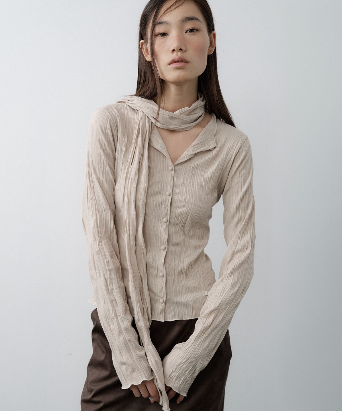 루시르주(LUCIR ZU) Pleated Cardigan Scarf Set (Beige)