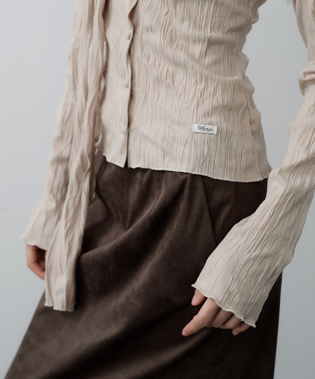 루시르주(LUCIR ZU) Pleated Cardigan Scarf Set (Beige)