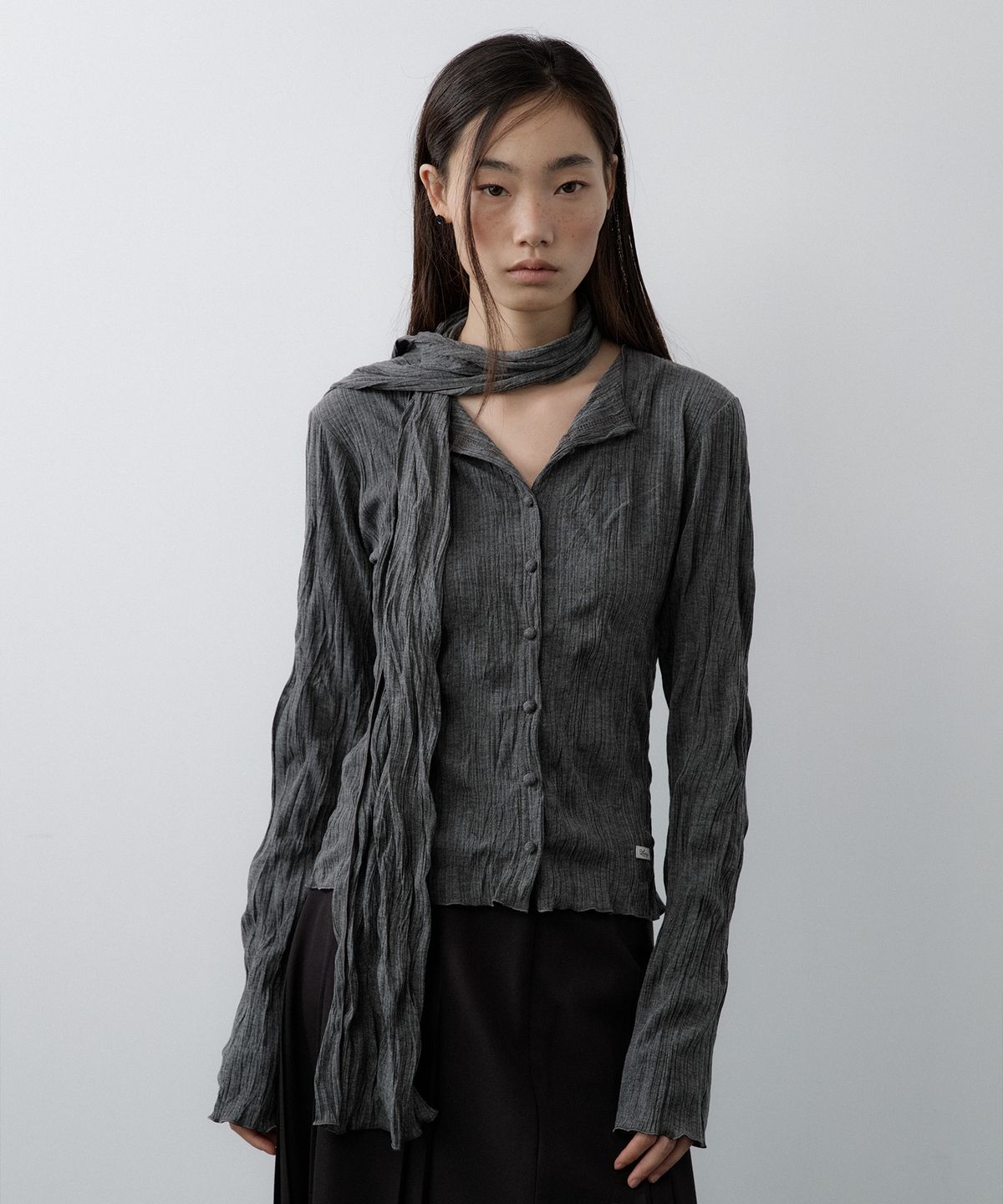 루시르주(LUCIR ZU) Pleated Cardigan Scarf Set (Charcoal)