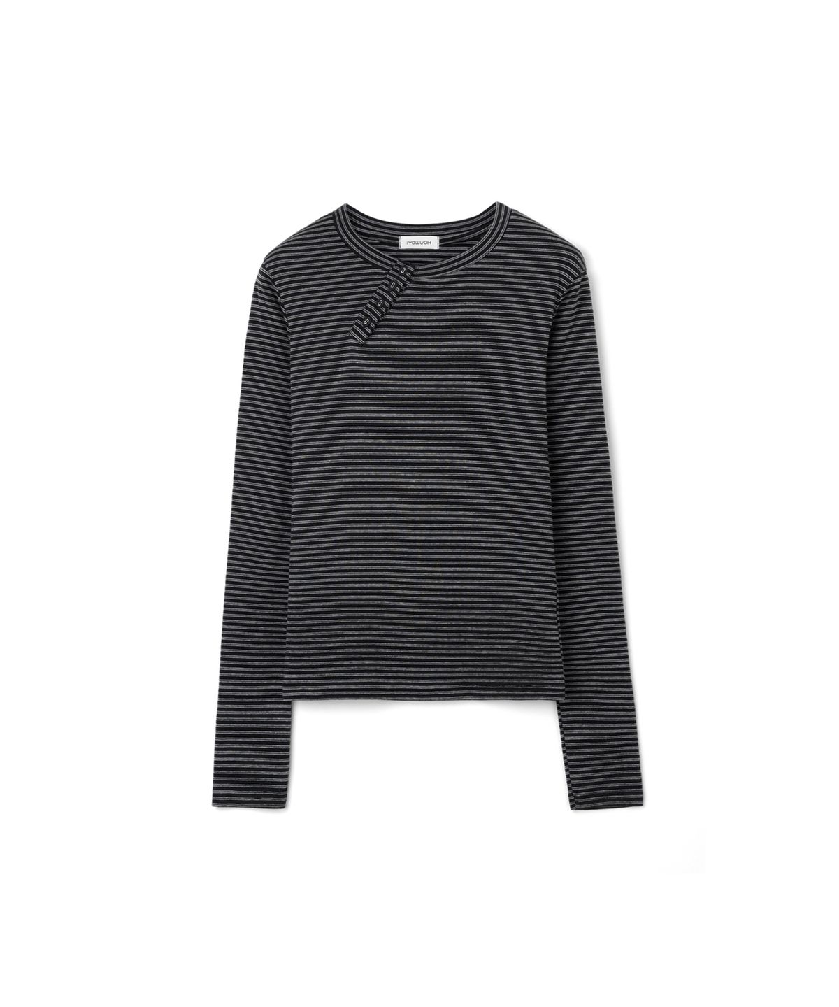 이요우아(IYOWUAH) Diagonal Button Striped Long Sleeve, Black