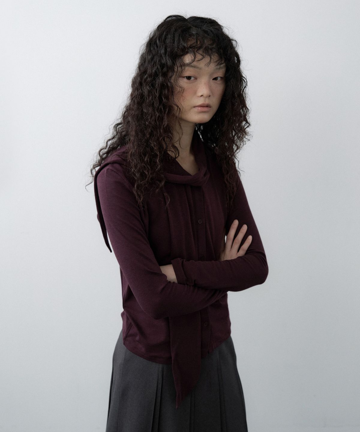 루시르주(LUCIR ZU) Scarf Wrap Button Cardigan (Purple)