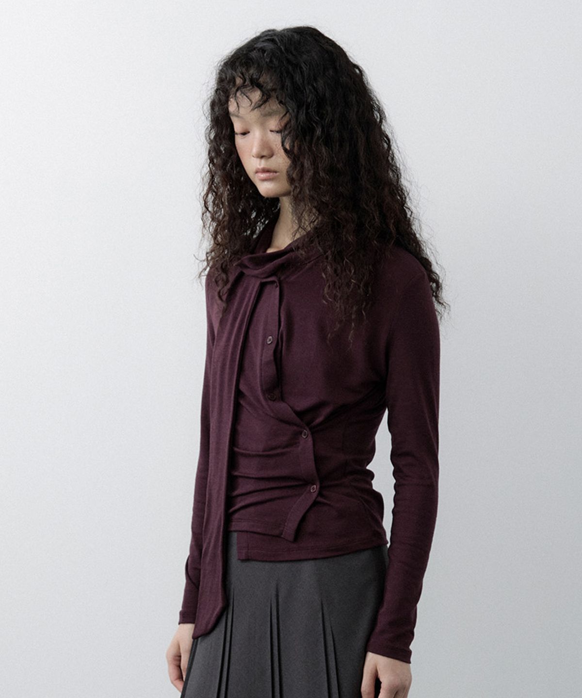루시르주(LUCIR ZU) Scarf Wrap Button Cardigan (Purple)