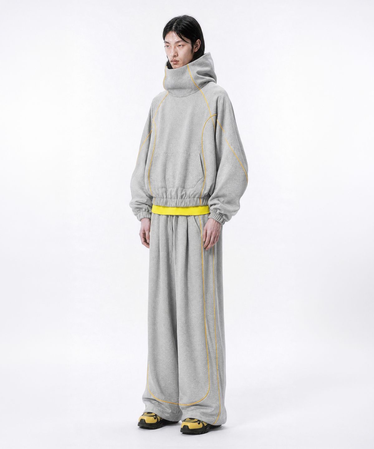 프리노어(PRINOAR) [ 기모선택 ] 파이핑 플리츠 와이드 팬츠 - 멜란지/옐로우
