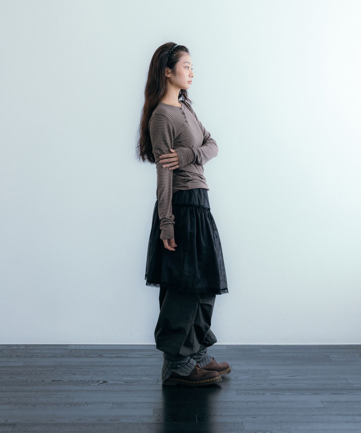이요우아(IYOWUAH) Diagonal Button Striped Long Sleeve, Brown