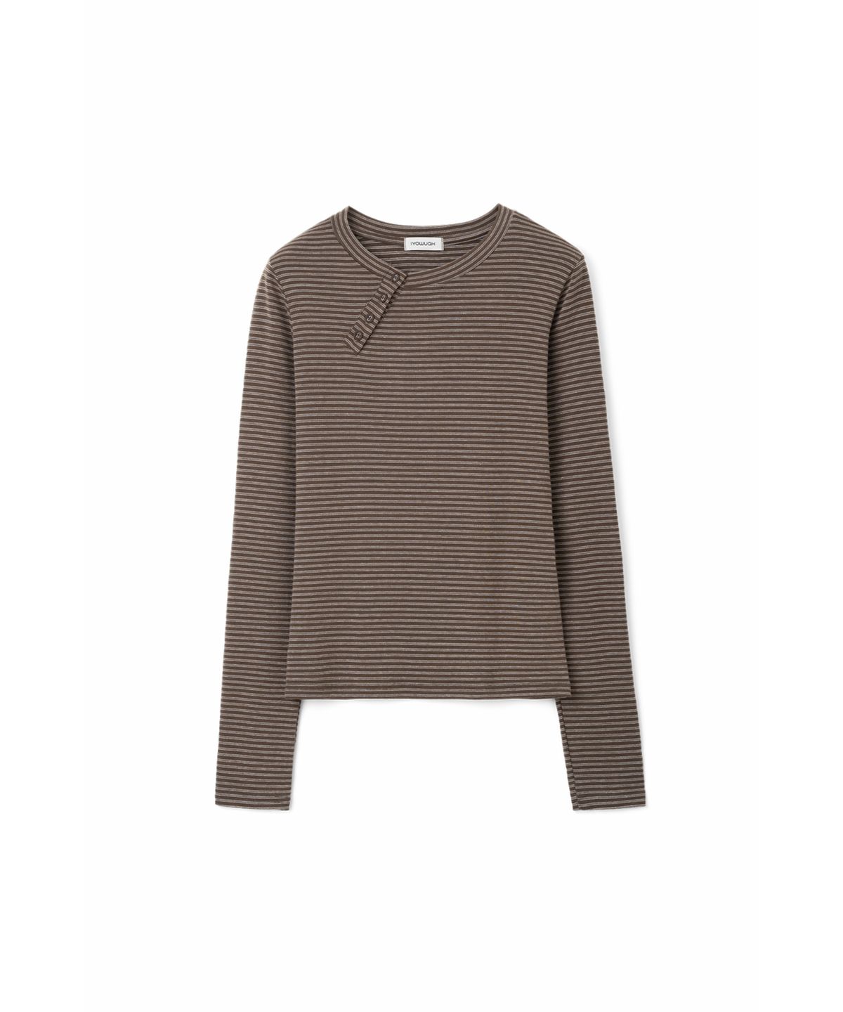 이요우아(IYOWUAH) Diagonal Button Striped Long Sleeve, Brown