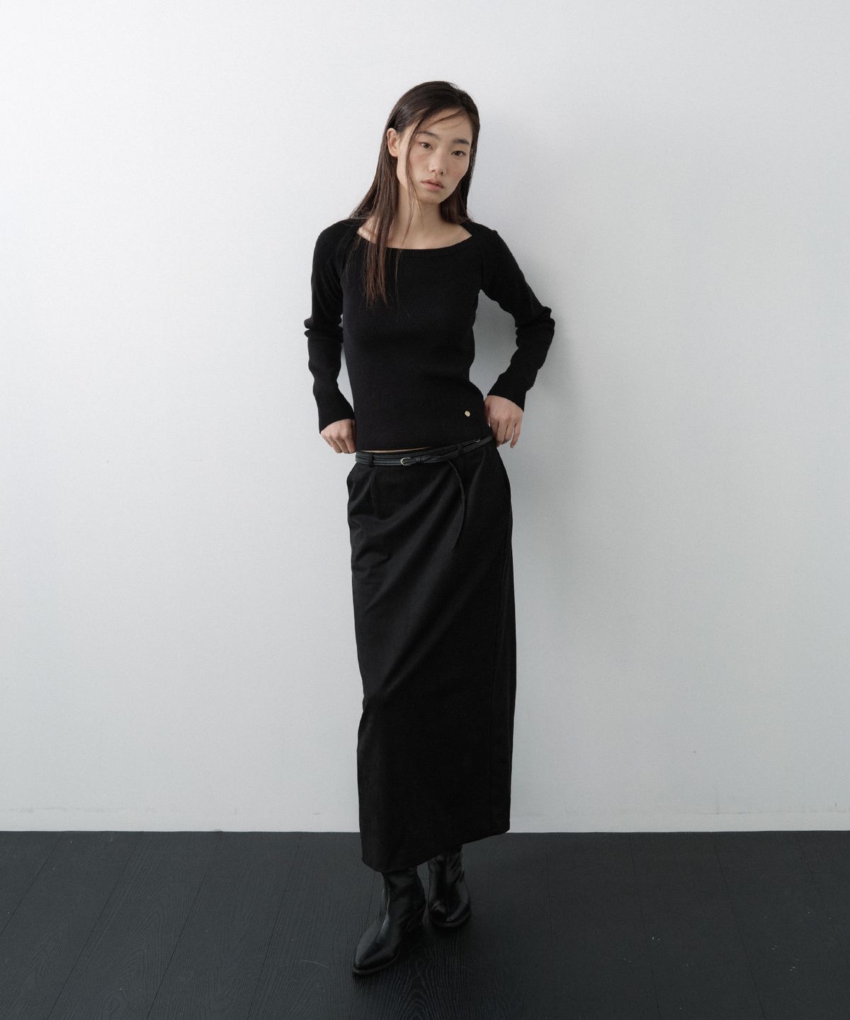 루시르주(LUCIR ZU) Wool Boatneck Bolero Knit Top (Black)