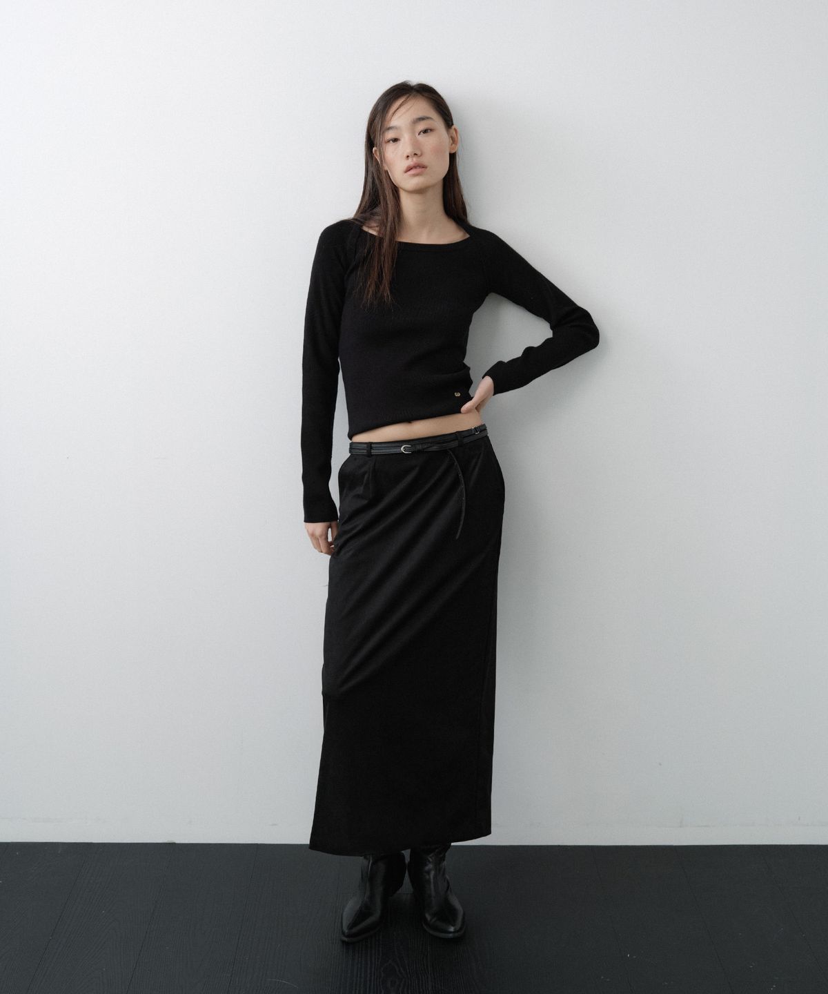루시르주(LUCIR ZU) Wool Boatneck Bolero Knit Top (Black)