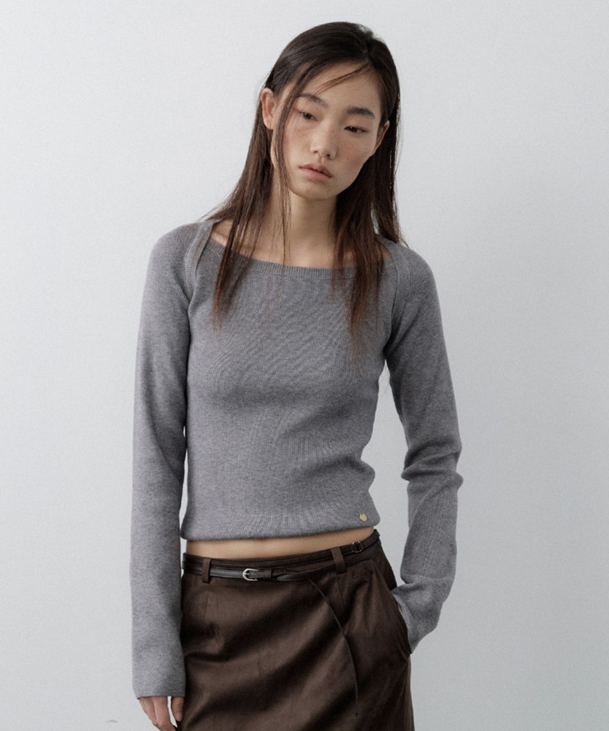 루시르주(LUCIR ZU) Wool Boatneck Bolero Knit Top (Charcoal)