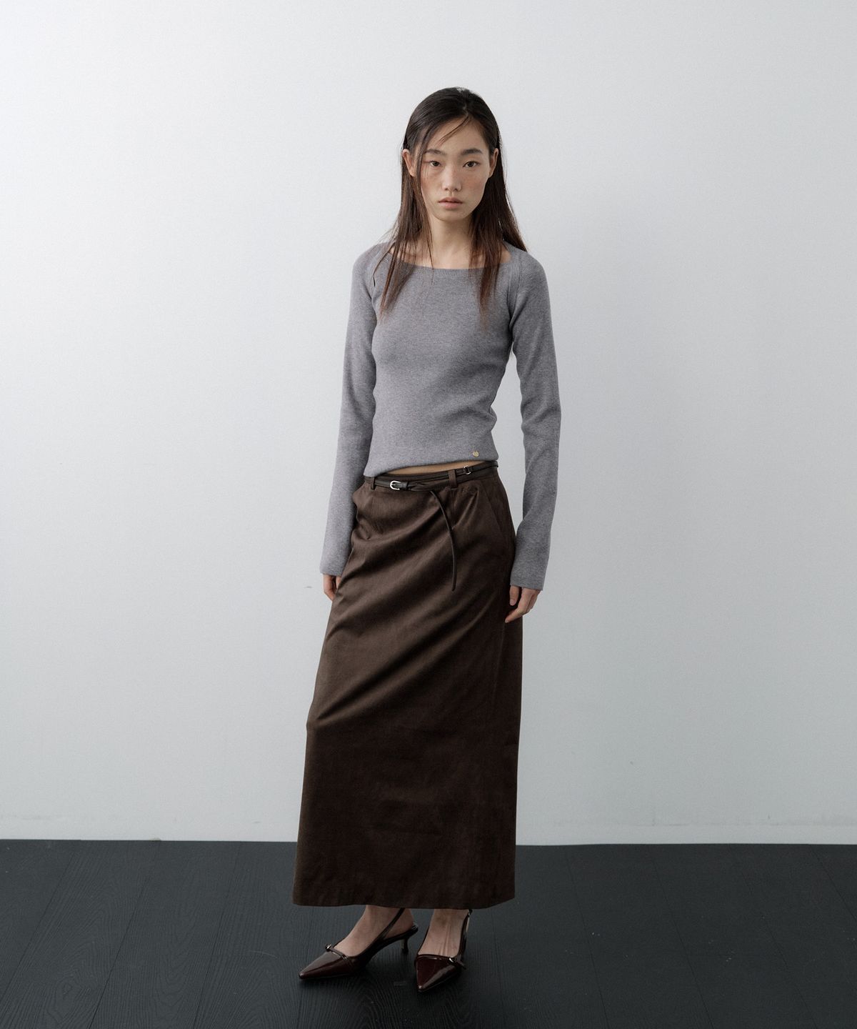 루시르주(LUCIR ZU) Wool Boatneck Bolero Knit Top (Charcoal)