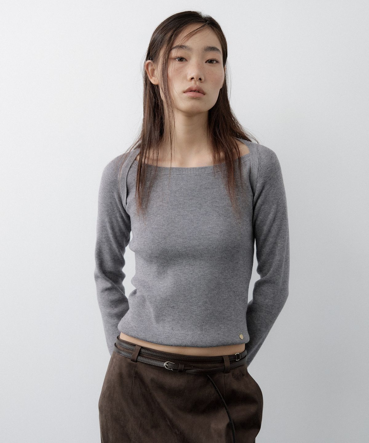 루시르주(LUCIR ZU) Wool Boatneck Bolero Knit Top (Charcoal)