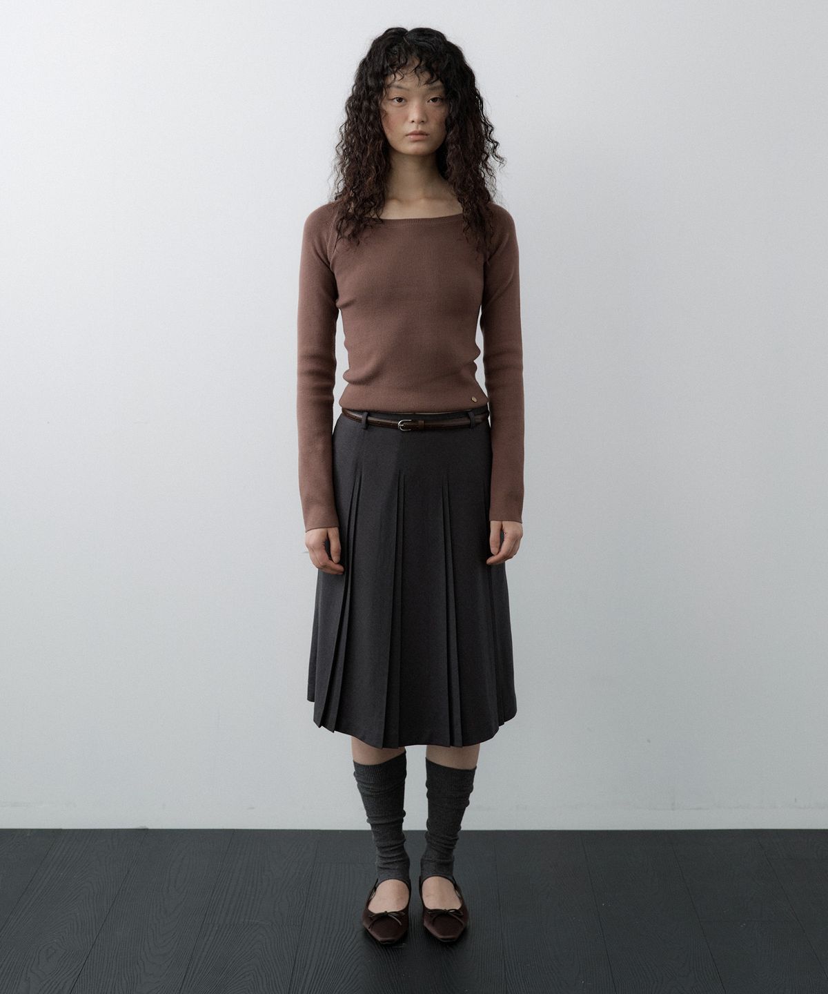 루시르주(LUCIR ZU) Wool Boatneck Bolero Knit Top (Brown)