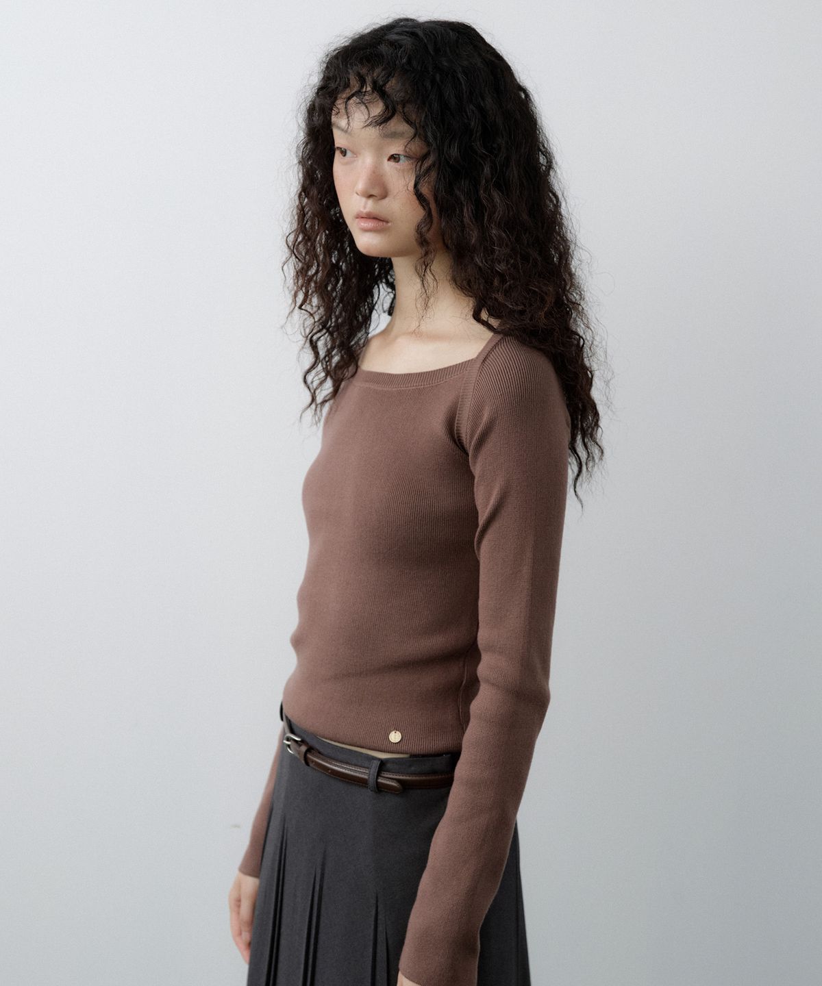 루시르주(LUCIR ZU) Wool Boatneck Bolero Knit Top (Brown)