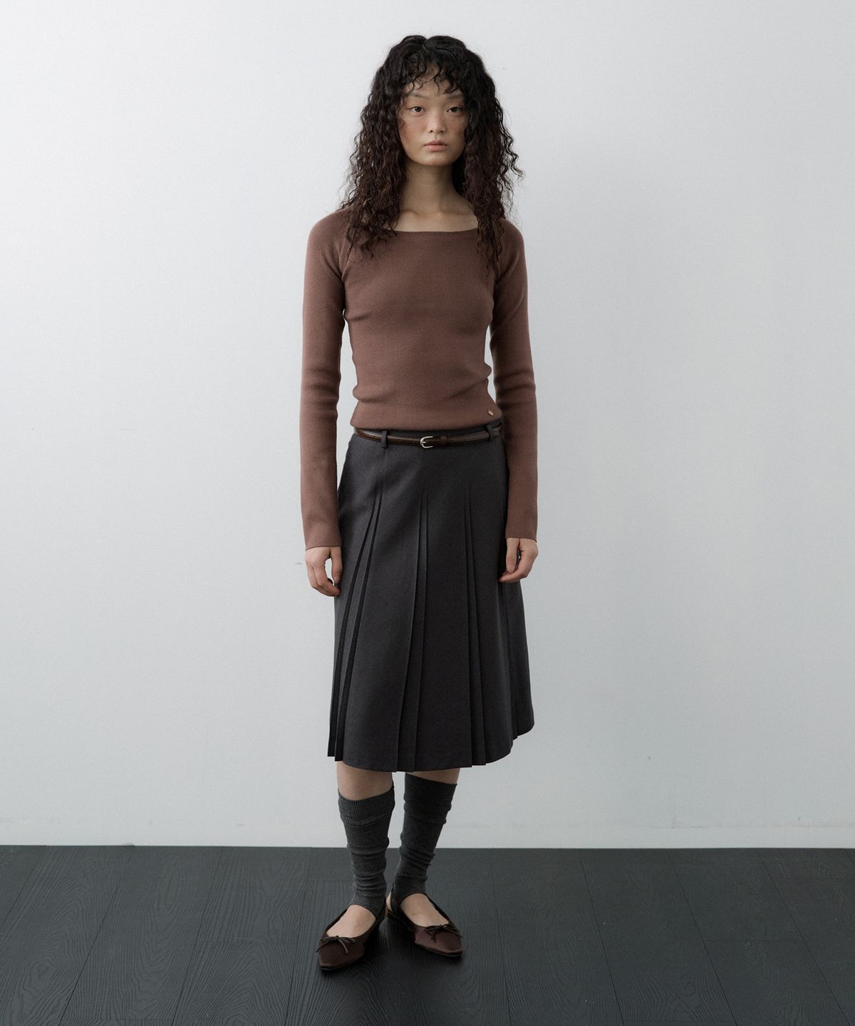 루시르주(LUCIR ZU) Wool Boatneck Bolero Knit Top (Brown)