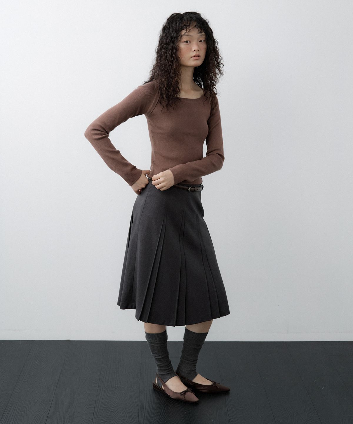 루시르주(LUCIR ZU) Wool Boatneck Bolero Knit Top (Brown)