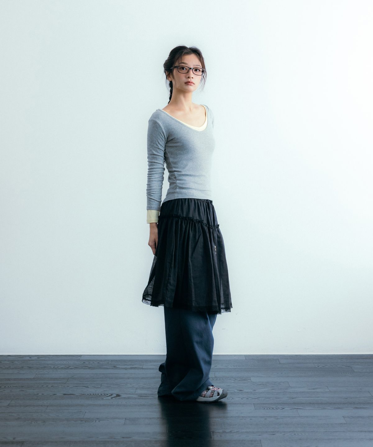 이요우아(IYOWUAH) Ethnic Layered Skirt, Black
