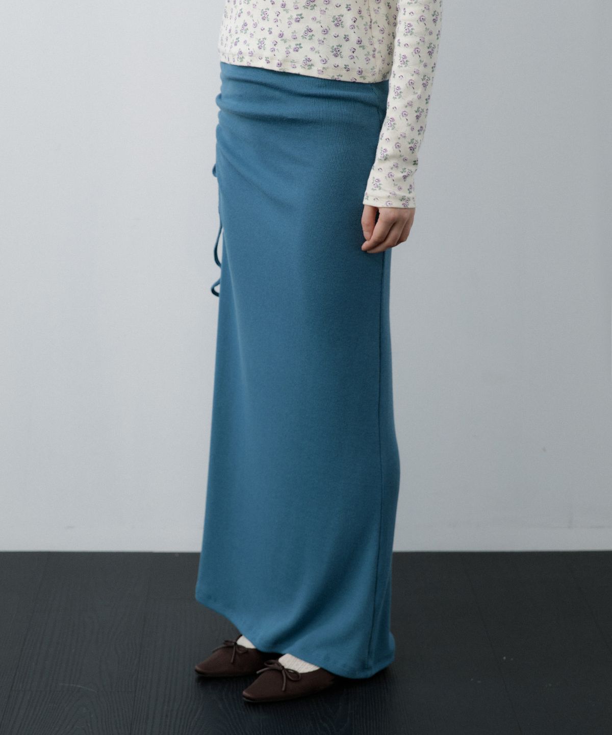 루시르주(LUCIR ZU) Side-Shirred Maxi Skirt (Teal Green)