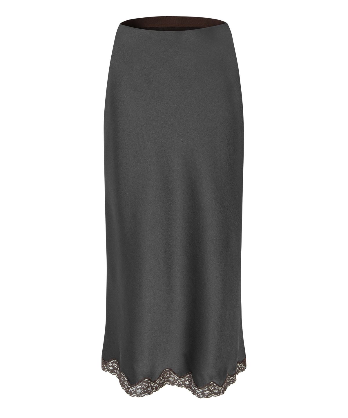 루시르주(LUCIR ZU) Satin Lace-Hem Skirt (Brown)
