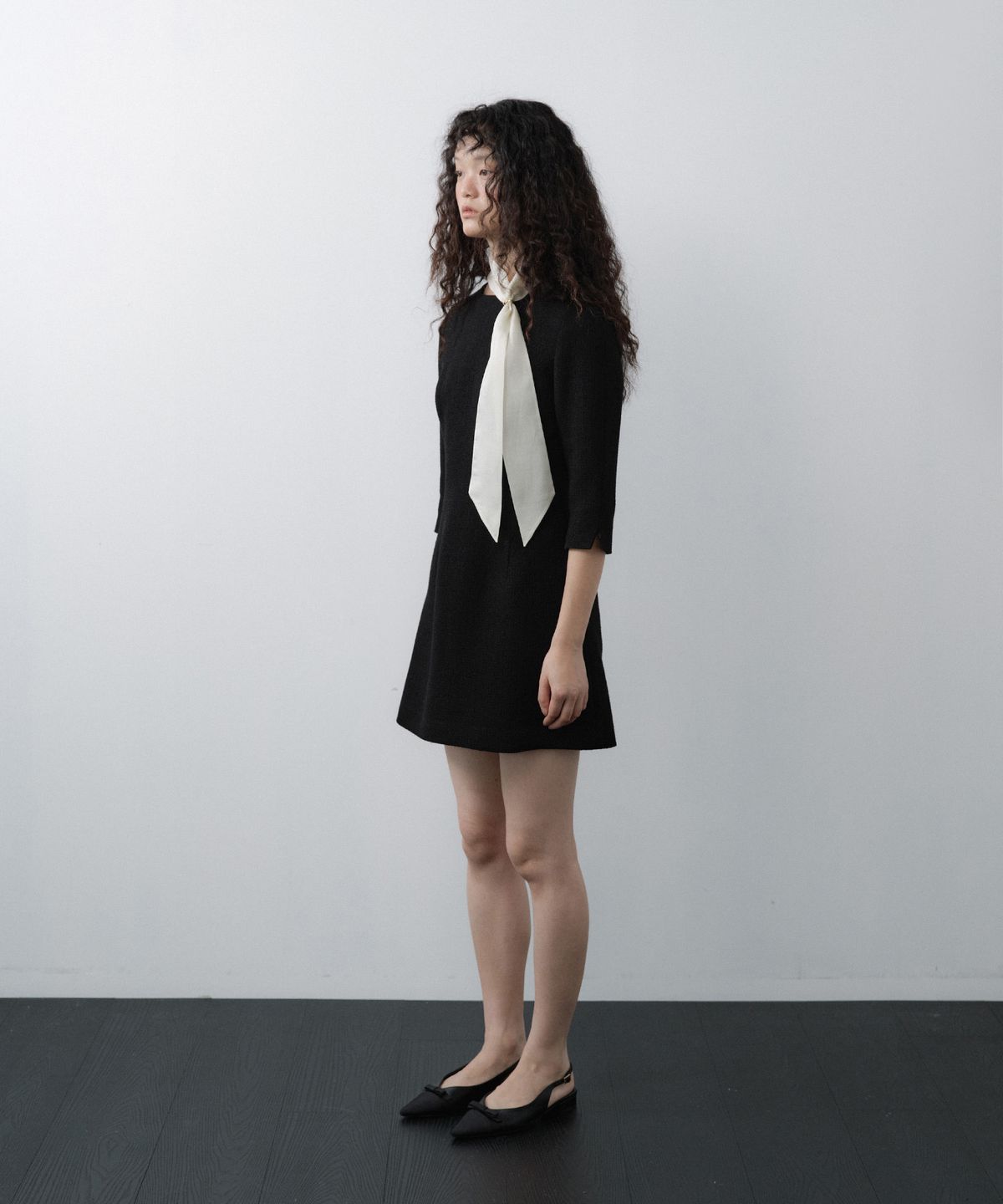 루시르주(LUCIR ZU) Custom Scarf Tweed 3/4 Sleeve Mini Dress Set (Black)