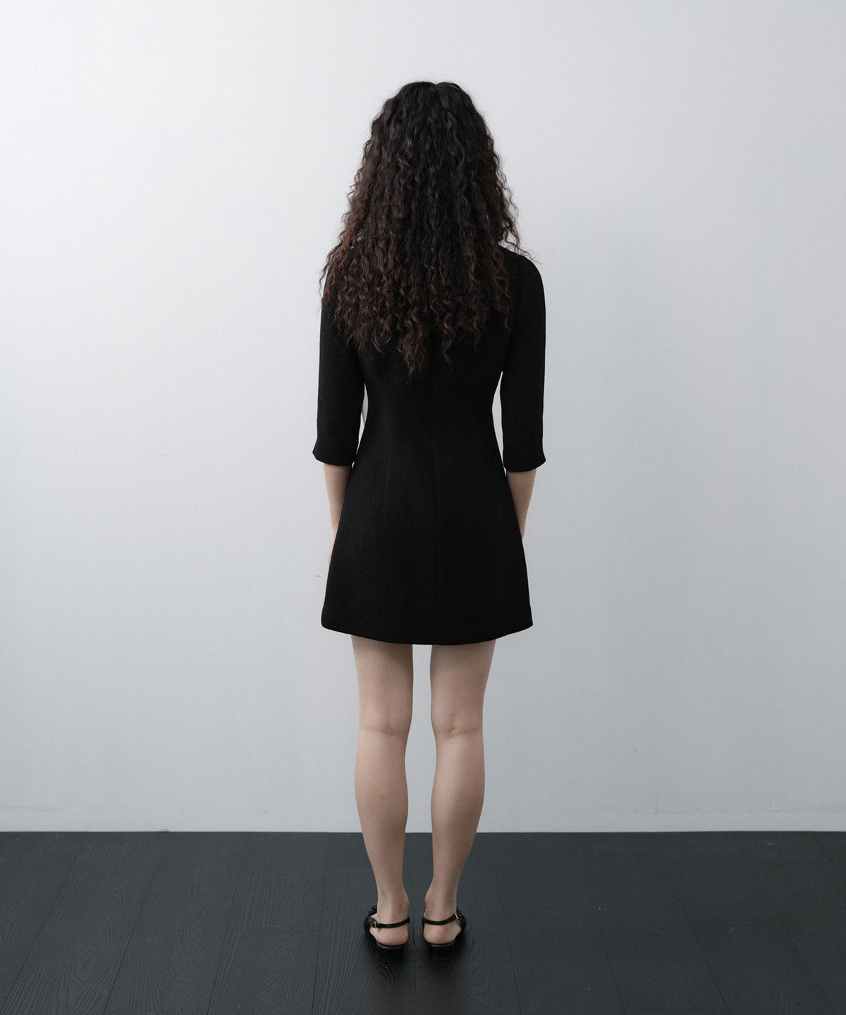 루시르주(LUCIR ZU) Custom Scarf Tweed 3/4 Sleeve Mini Dress Set (Black)