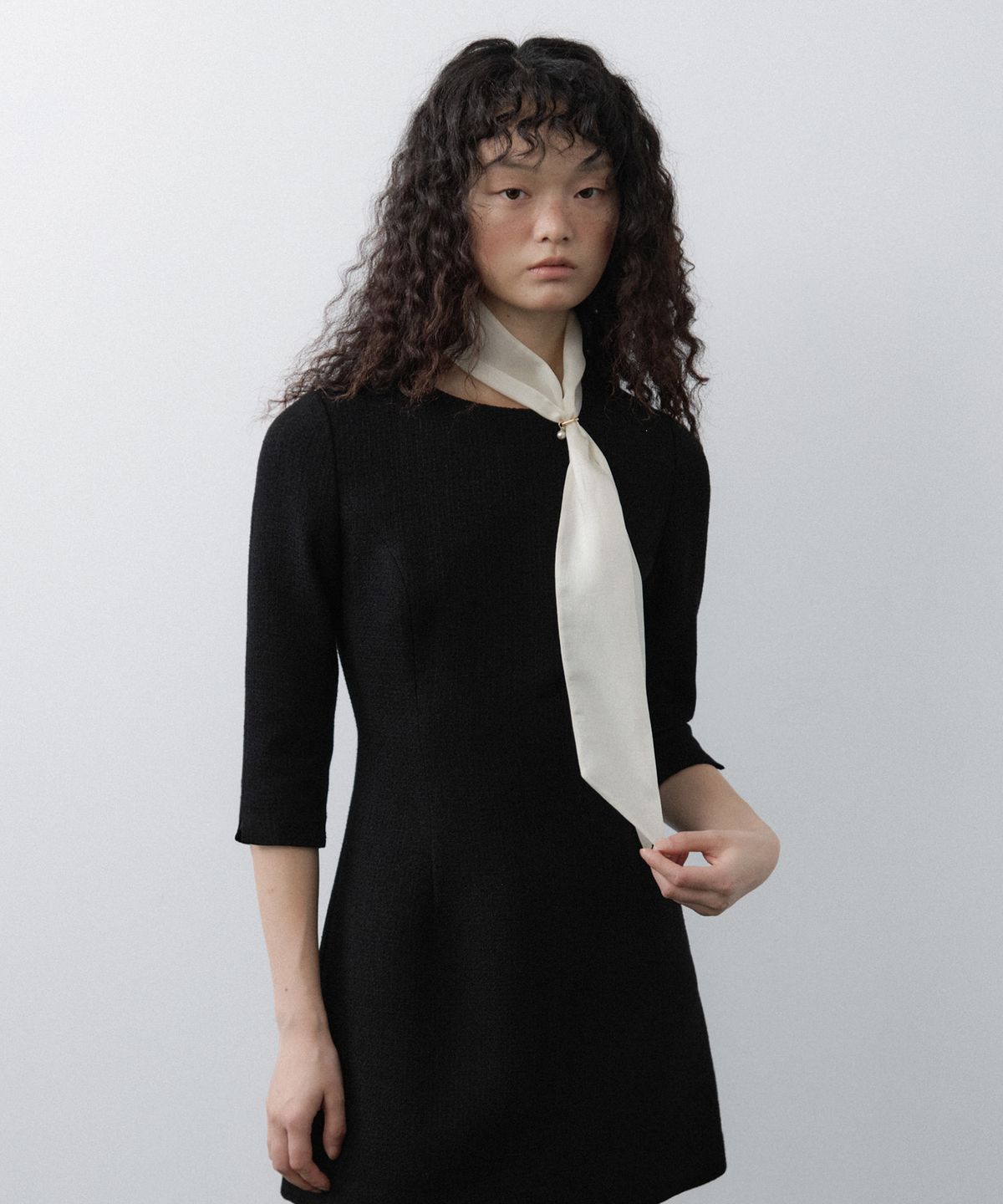 루시르주(LUCIR ZU) Custom Scarf Tweed 3/4 Sleeve Mini Dress Set (Black)