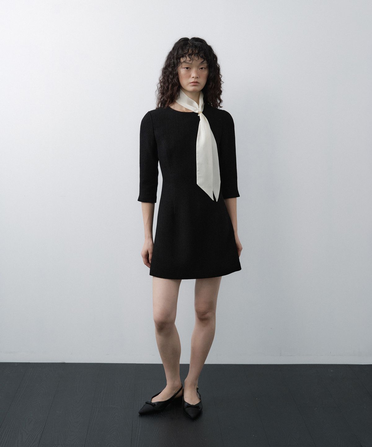 루시르주(LUCIR ZU) Custom Scarf Tweed 3/4 Sleeve Mini Dress Set (Black)