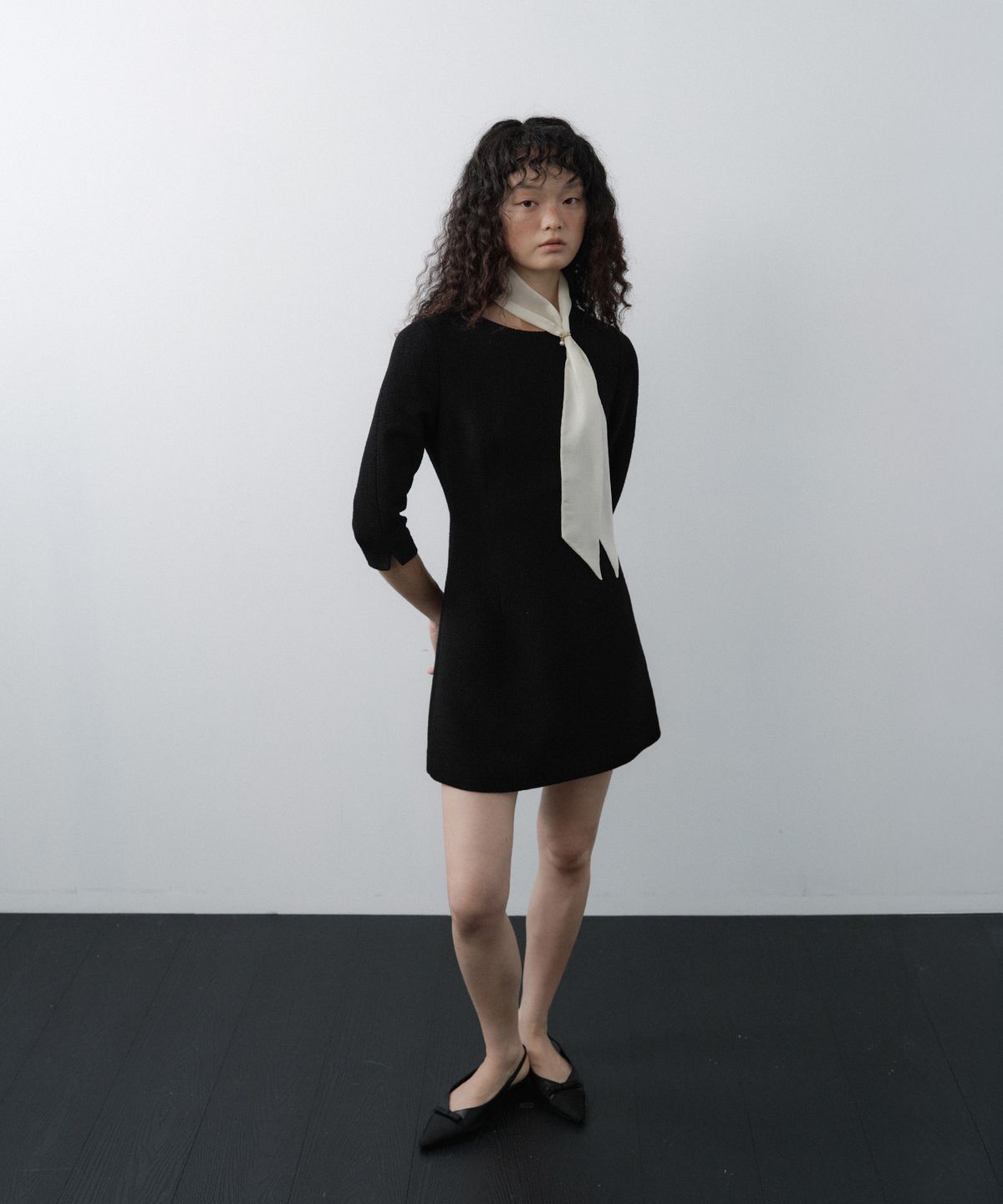 루시르주(LUCIR ZU) Custom Scarf Tweed 3/4 Sleeve Mini Dress Set (Black)