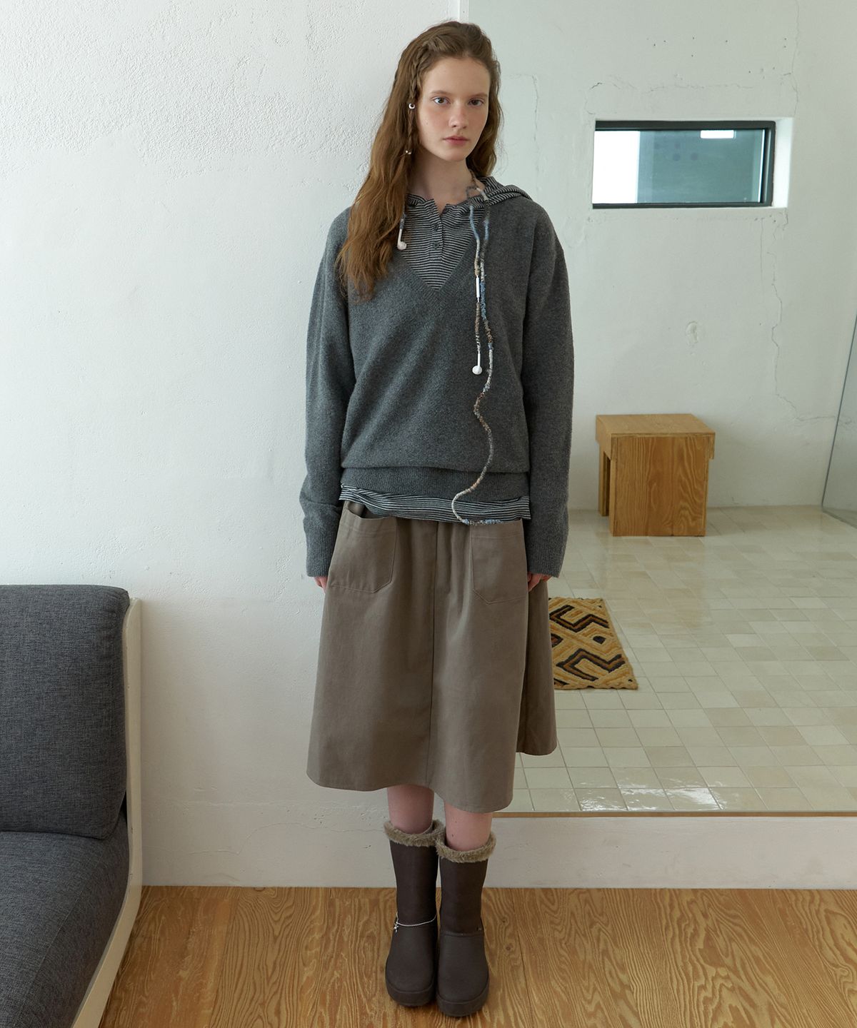 더미튼(THEMITTEN) Grass midi skirt (dusty olive)