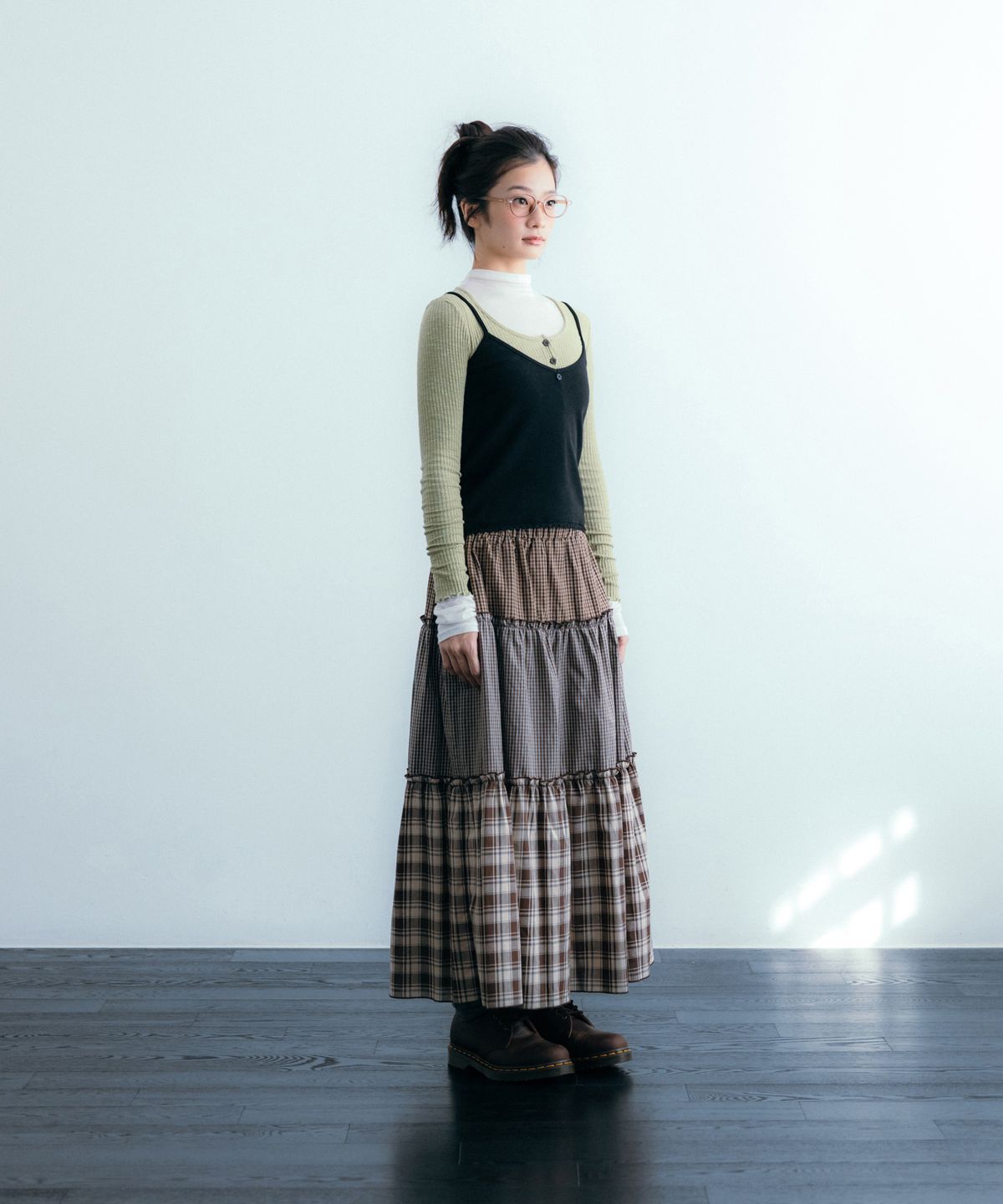 이요우아(IYOWUAH) Mix Check Flare Skirt, Brown