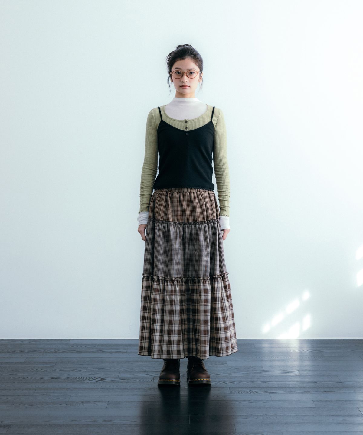 이요우아(IYOWUAH) Mix Check Flare Skirt, Brown