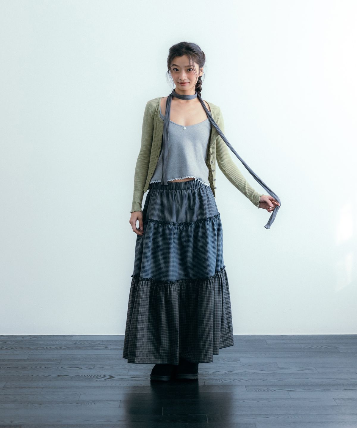 이요우아(IYOWUAH) Mix Check Flare Skirt, Navy