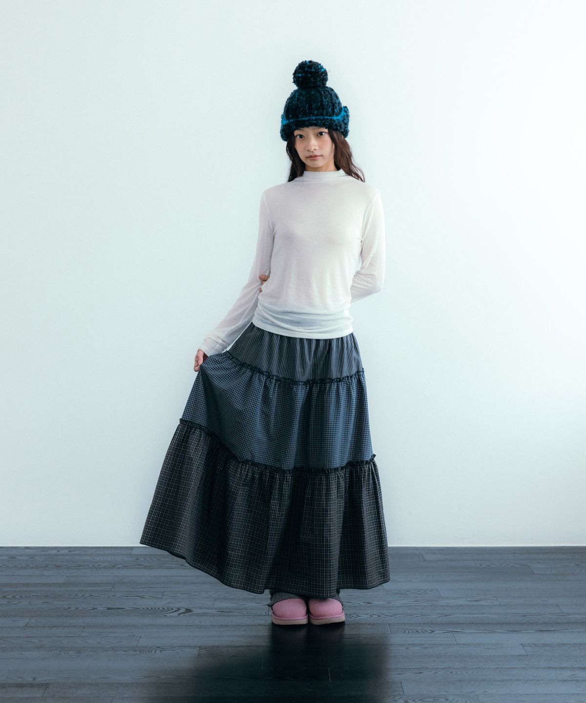 이요우아(IYOWUAH) Mix Check Flare Skirt, Navy