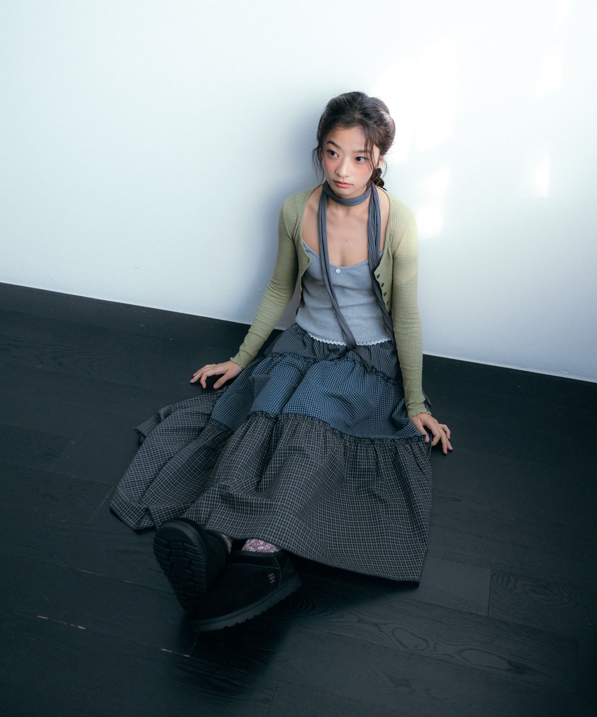 이요우아(IYOWUAH) Mix Check Flare Skirt, Navy