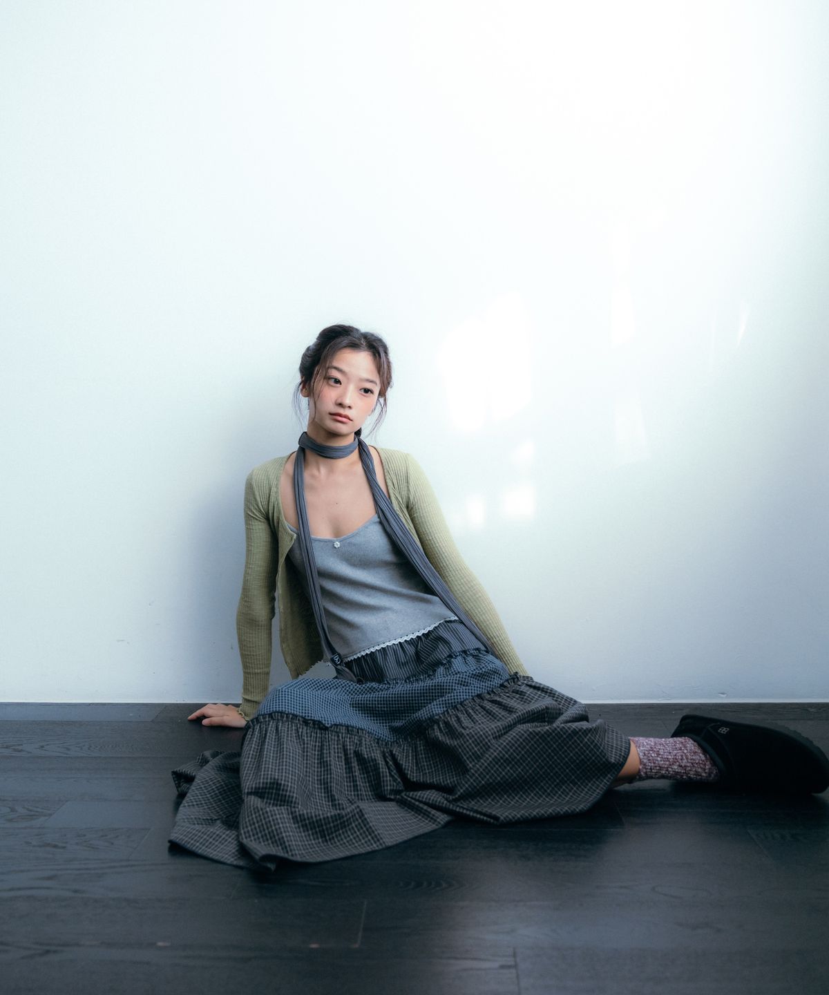 이요우아(IYOWUAH) Mix Check Flare Skirt, Navy