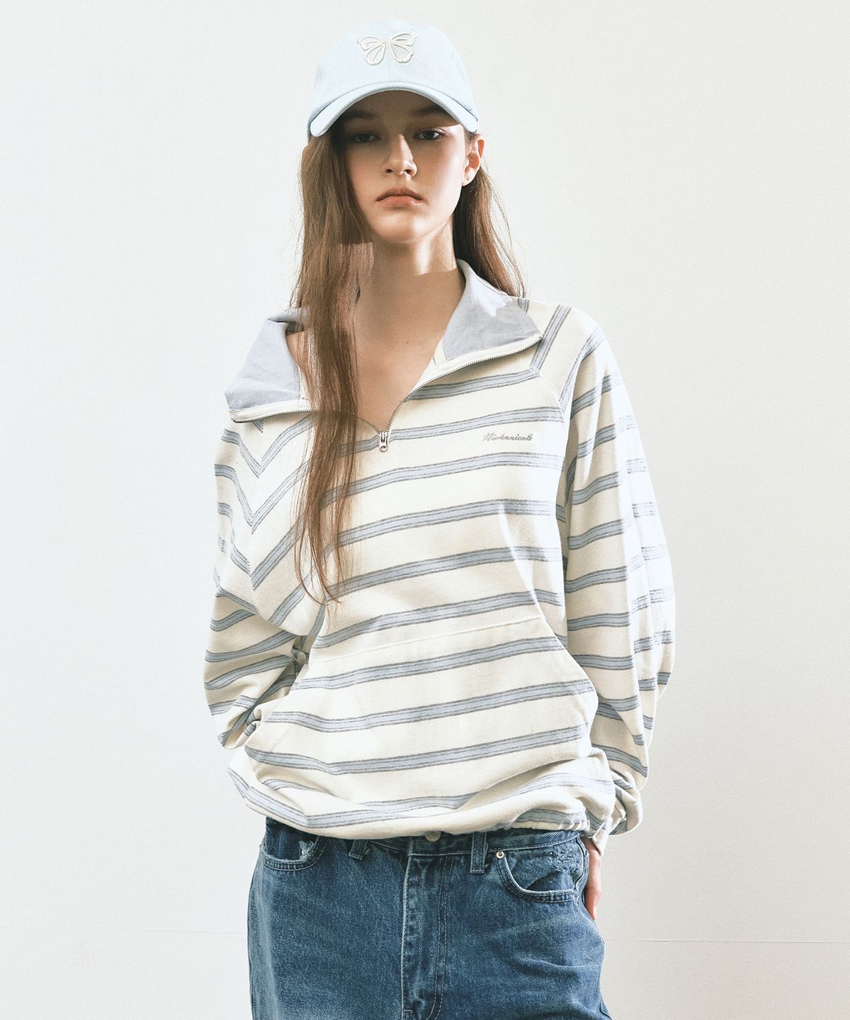 닉앤니콜(NICK&NICOLE) STRIPE HALF ZIP-UP SWEATSHIRT_IVORY