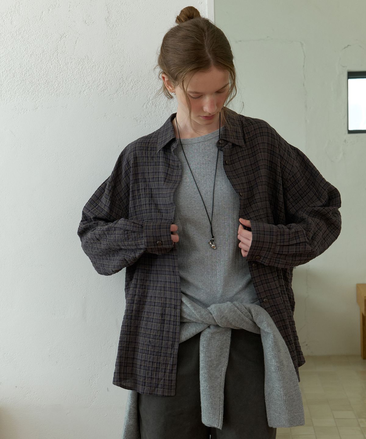 더미튼(THEMITTEN) Glen overfit check shirt (grape vine)