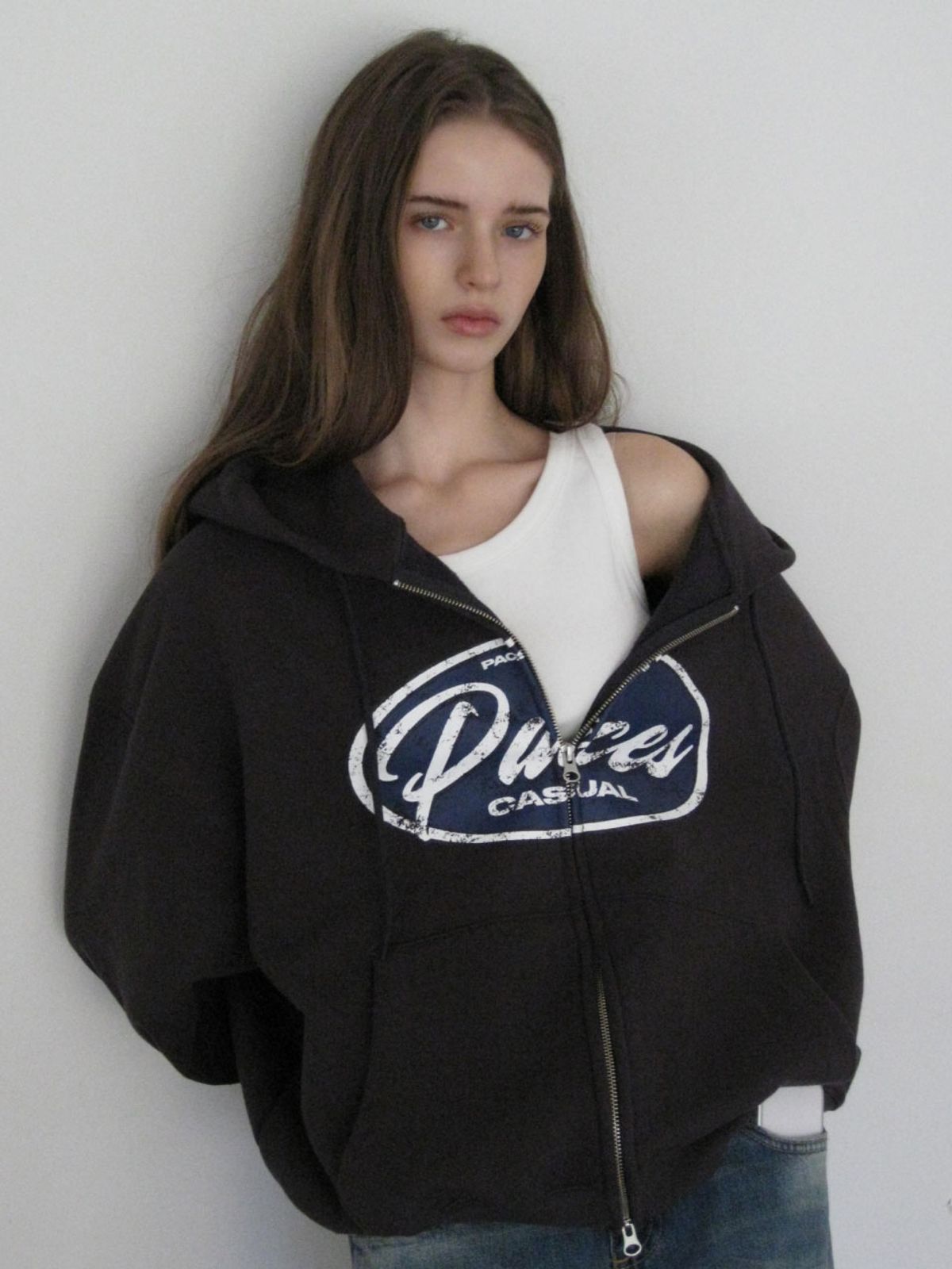 웨이브유니온(WAVE UNION) Oval logo Zip up Hoodie Charcoal