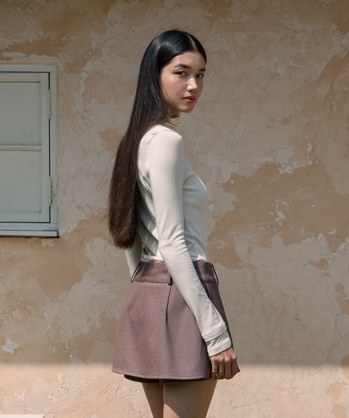 칸디니(KANDINI) 와인 로우라이즈 체크 큐롯팬츠