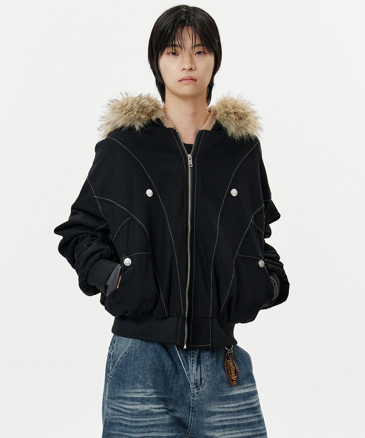 딥센스(DEEP SENSE) Heavy Fur Hood Military Short Parka - black