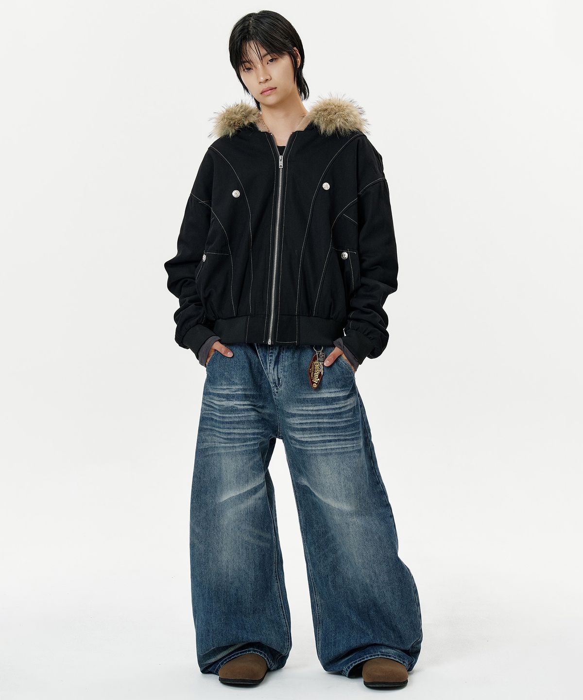 딥센스(DEEP SENSE) Heavy Fur Hood Military Short Parka - black