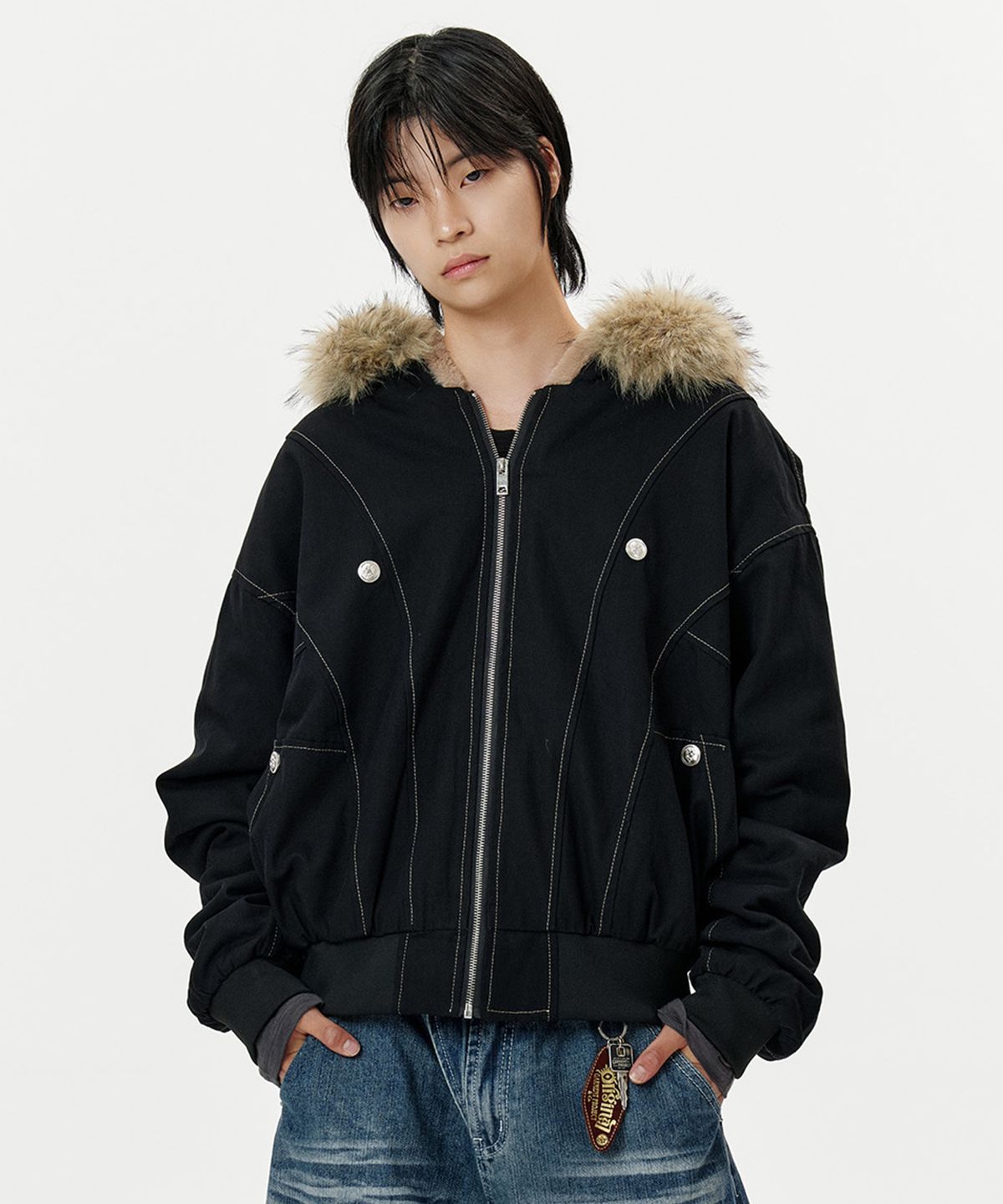 딥센스(DEEP SENSE) Heavy Fur Hood Military Short Parka - black