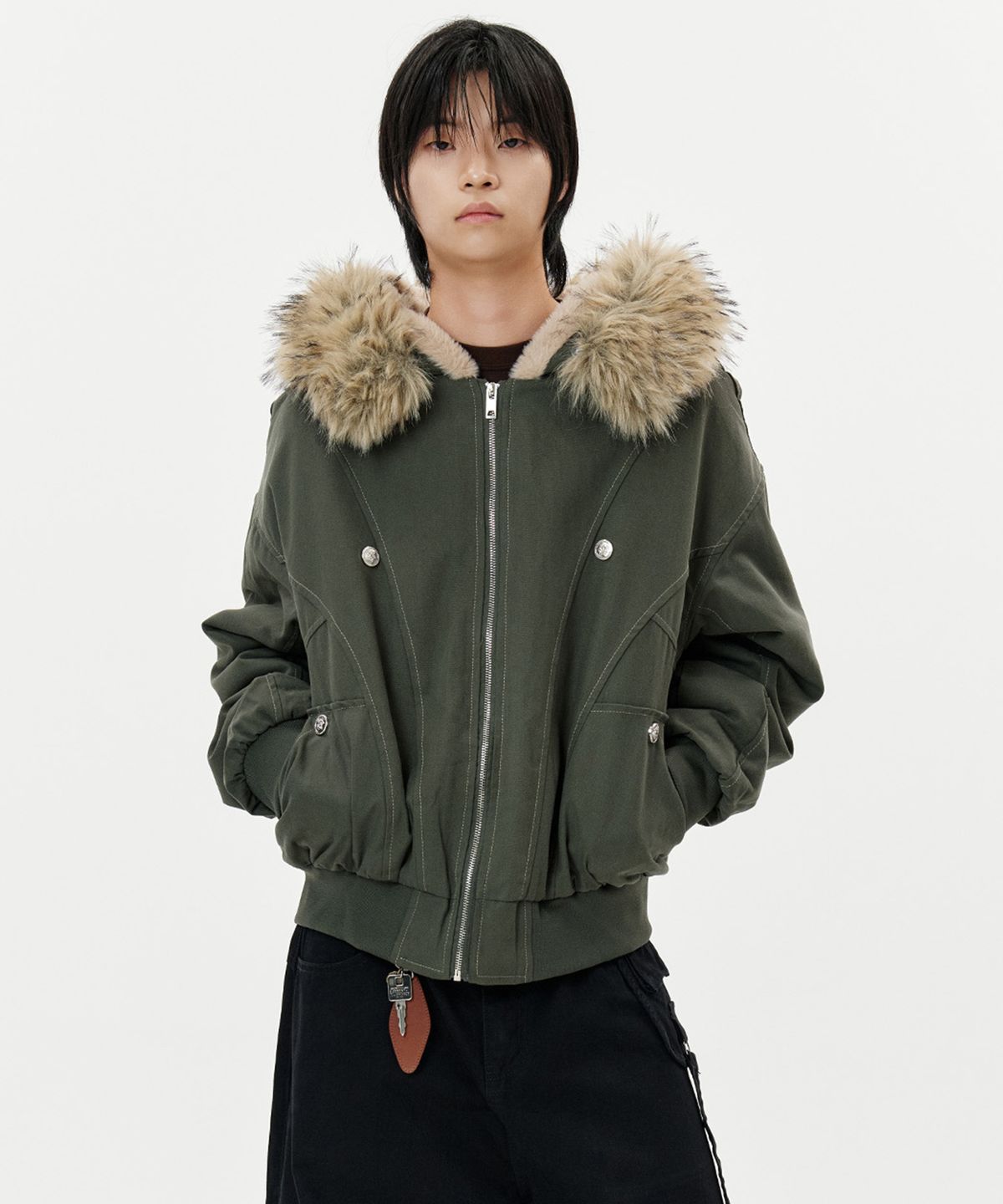 딥센스(DEEP SENSE) Heavy Fur Hood Military Short Parka - khaki