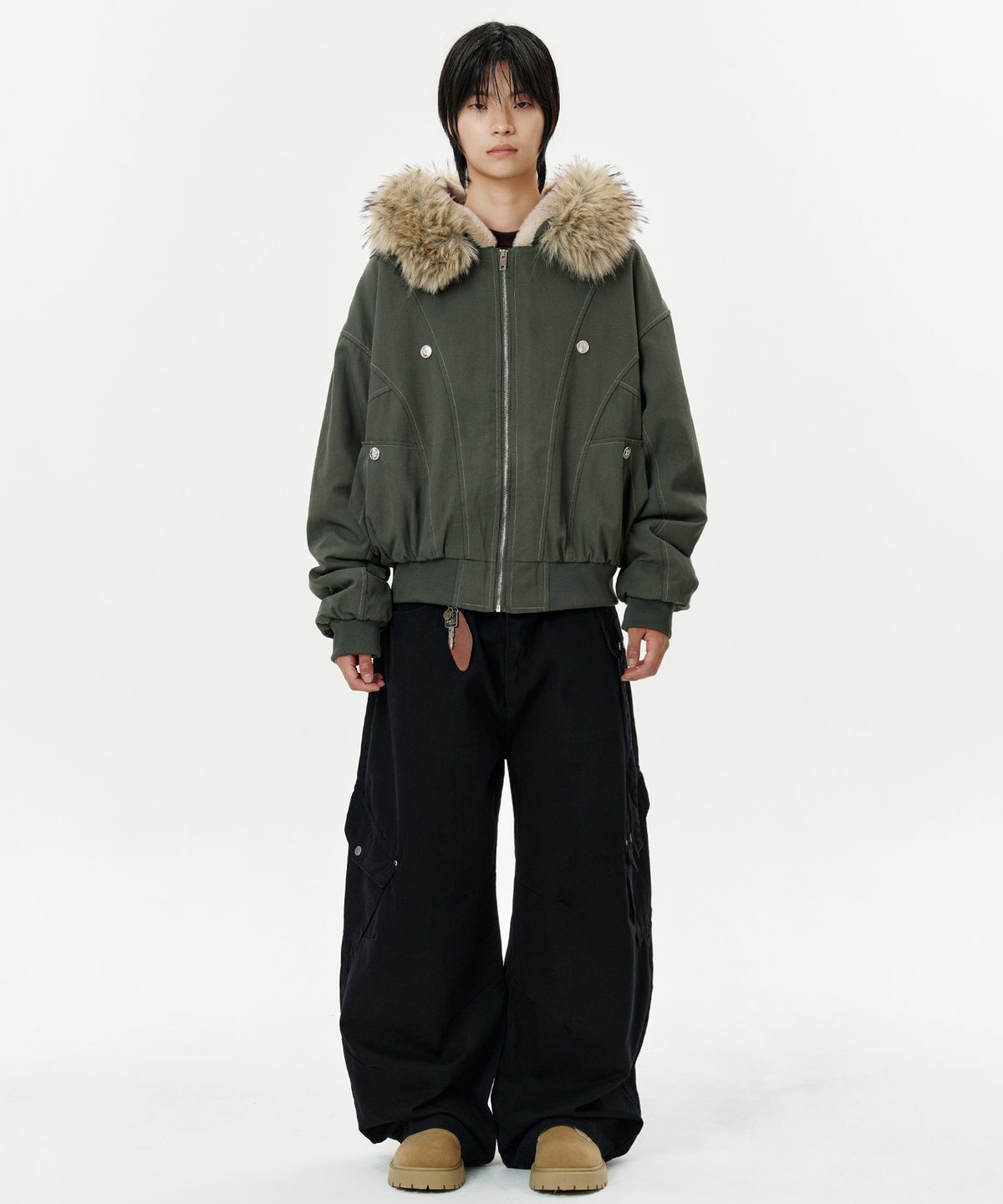 딥센스(DEEP SENSE) Heavy Fur Hood Military Short Parka - khaki
