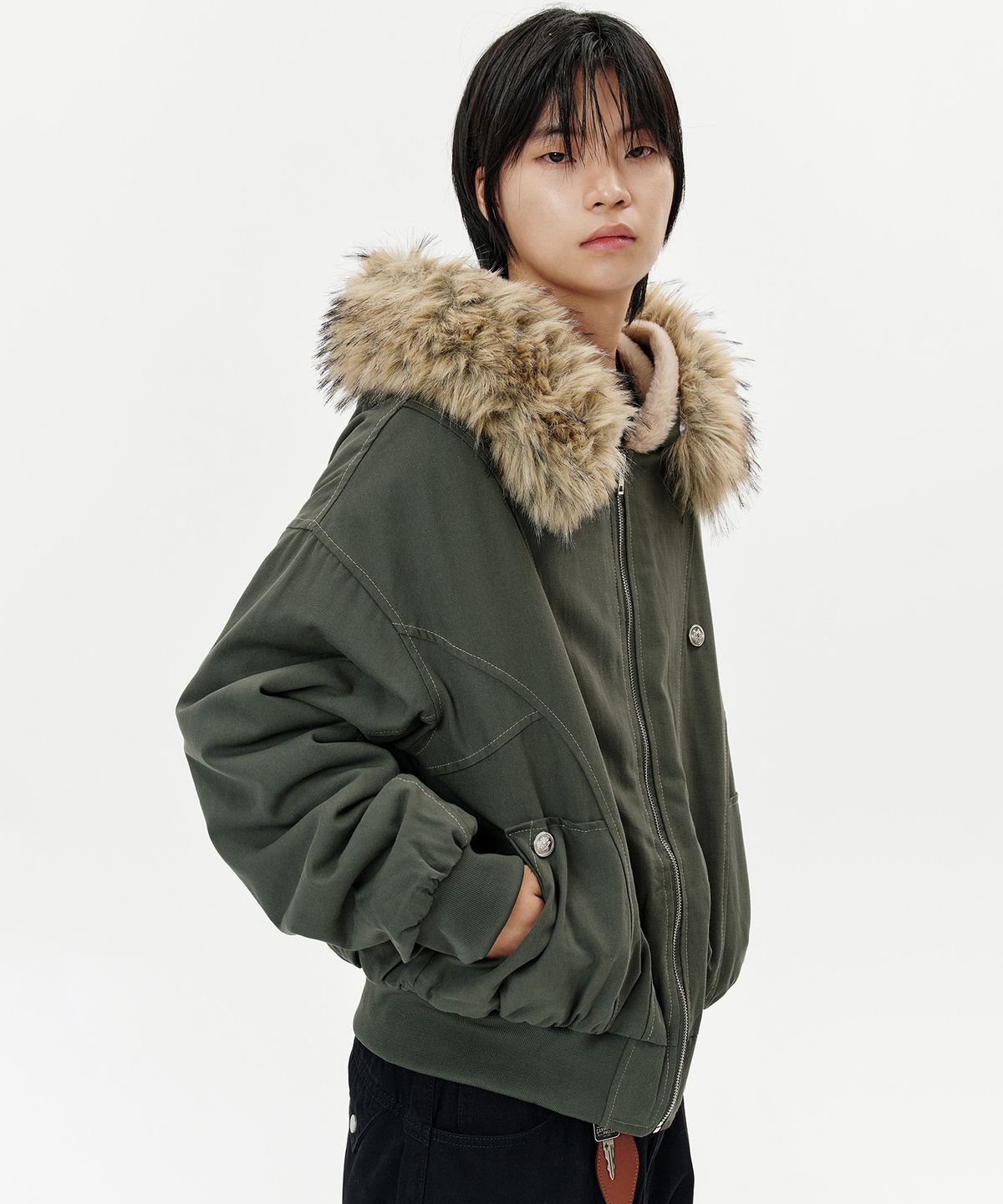 딥센스(DEEP SENSE) Heavy Fur Hood Military Short Parka - khaki