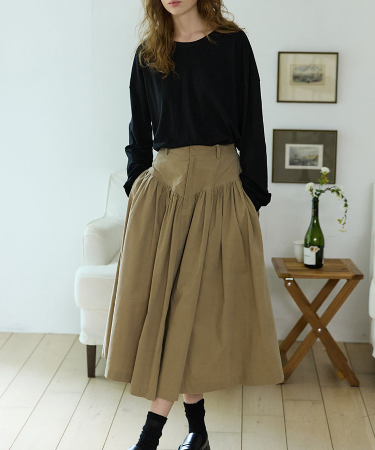 오픈도어스튜디오(OPENDOORSTUDIO) Godet Flare Long Skirt Khaki